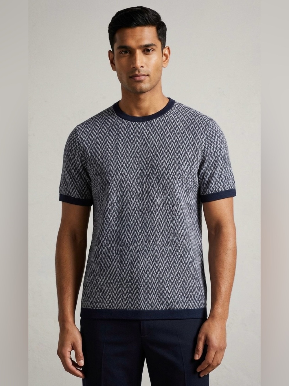 Ted Baker Navy and White Short-Sleeve Knit Patterned Tee